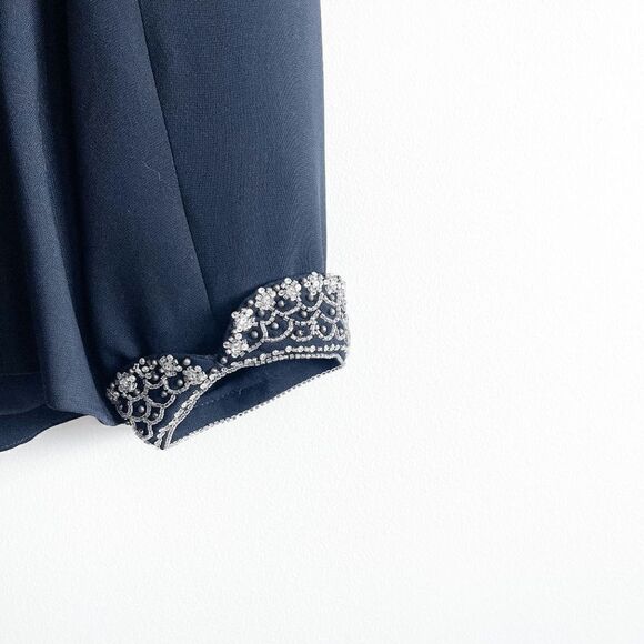 Albert Nipon Evening Navy Jacket Blazer Sequin & Beading On Lapels Cuffs Sz 14 - Picture 3 of 8